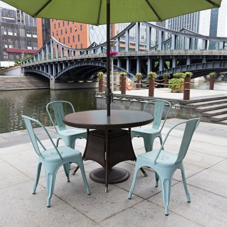 Devoko Metal Indoor-Outdoor Chairs Distressed Style Kitchen Dining Chairs Stackable Side Chair with Back Set of 4 (Blue) Devoko