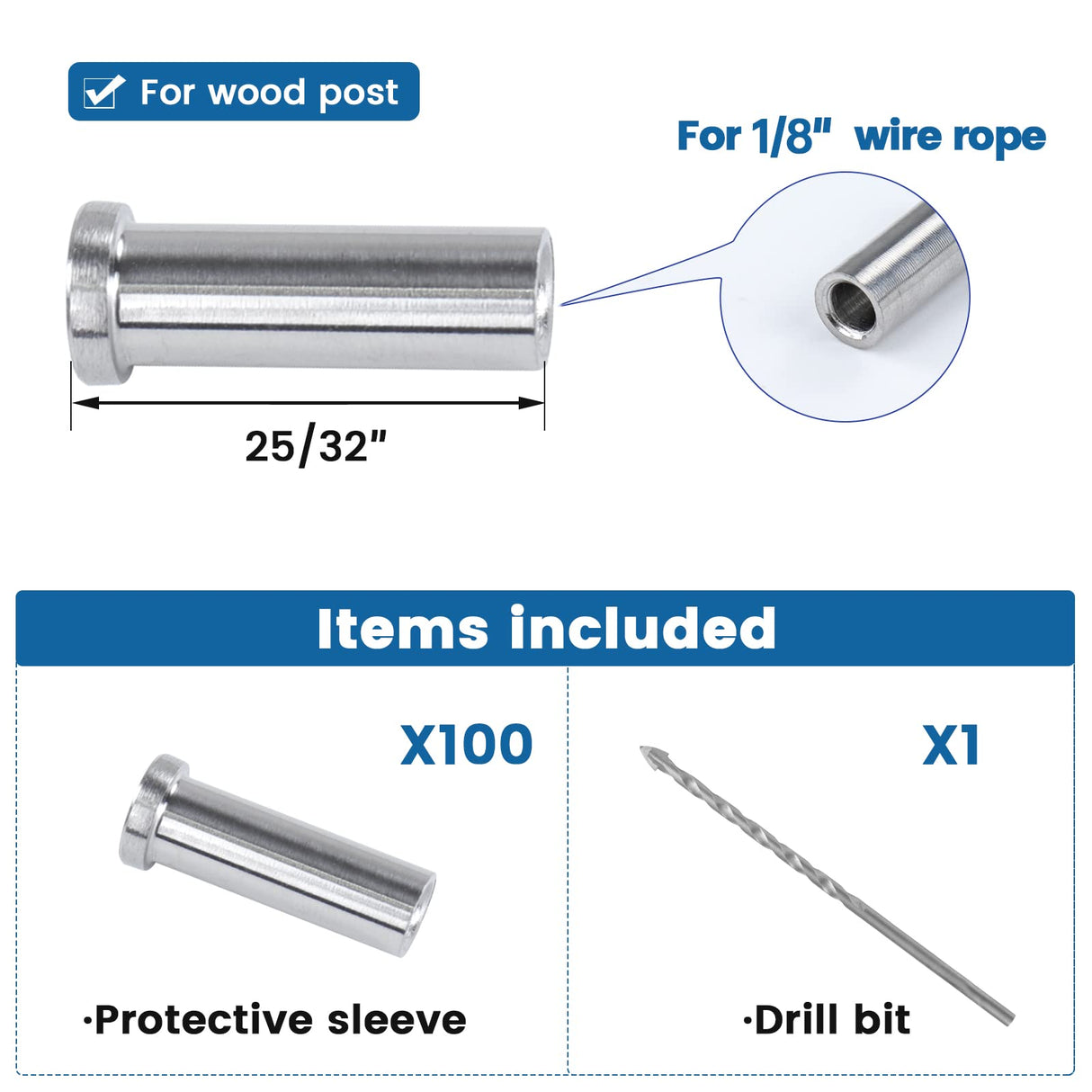 Muzata 100 Pack 1/8" Cable Railing Protector Sleeves T316 Stainless Steel Protective Sleeves Deck Cable Railing Hardware Kit for Wood Posts CR13 Muzata