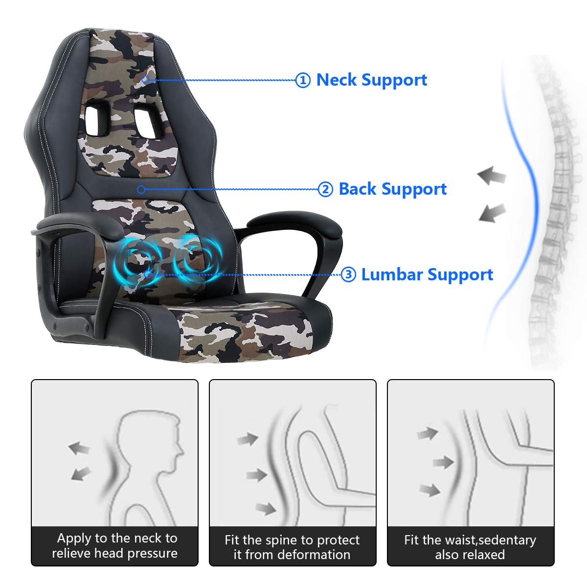 Gaming Chair Computer Chair Office Chair Ergonomic High Back Massage PC Desk Chair with Lumbar Support & Padded Armrest Racing Style Cheap Adjustable Swivel Chair for Women Men Adult, Camo Dkeli