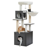 PEQULTI 57.5" Cat Tree with Litter Box Enclosure Large, Wood Cat Tower for Indoor Cats with Storage Cabinet and Cozy Cat Condo, Sisal Covered Scratching Post and Repalcable Dangling Balls, Black PEQULTI