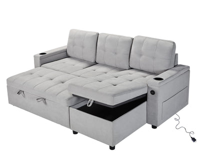 PaPaJet Sleeper Sofa Bed, 84 Inch Pull Out Couch Bed with 2 USB & Cup Holders, Tufted L Shape Convertible Sofa with Storage Chaise- Silver Grey