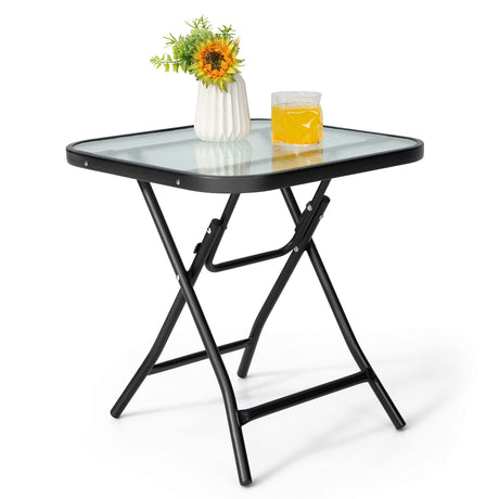 Giantex Folding Side Table, Square Small Patio Table, Tempered Glass Tabletop, Steel Frame, Weather-Resistant Outdoor Indoor Use for Bistro Porch Garden Balcony 18"x18"x18.5" Giantex