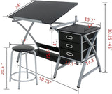 JupiterForce Drafting Table with Tiltable Tabletop and Stool, 3 Storage Drawers, Art Desks for Adults, Painters, Work Station, Home Office, Black JupiterForce