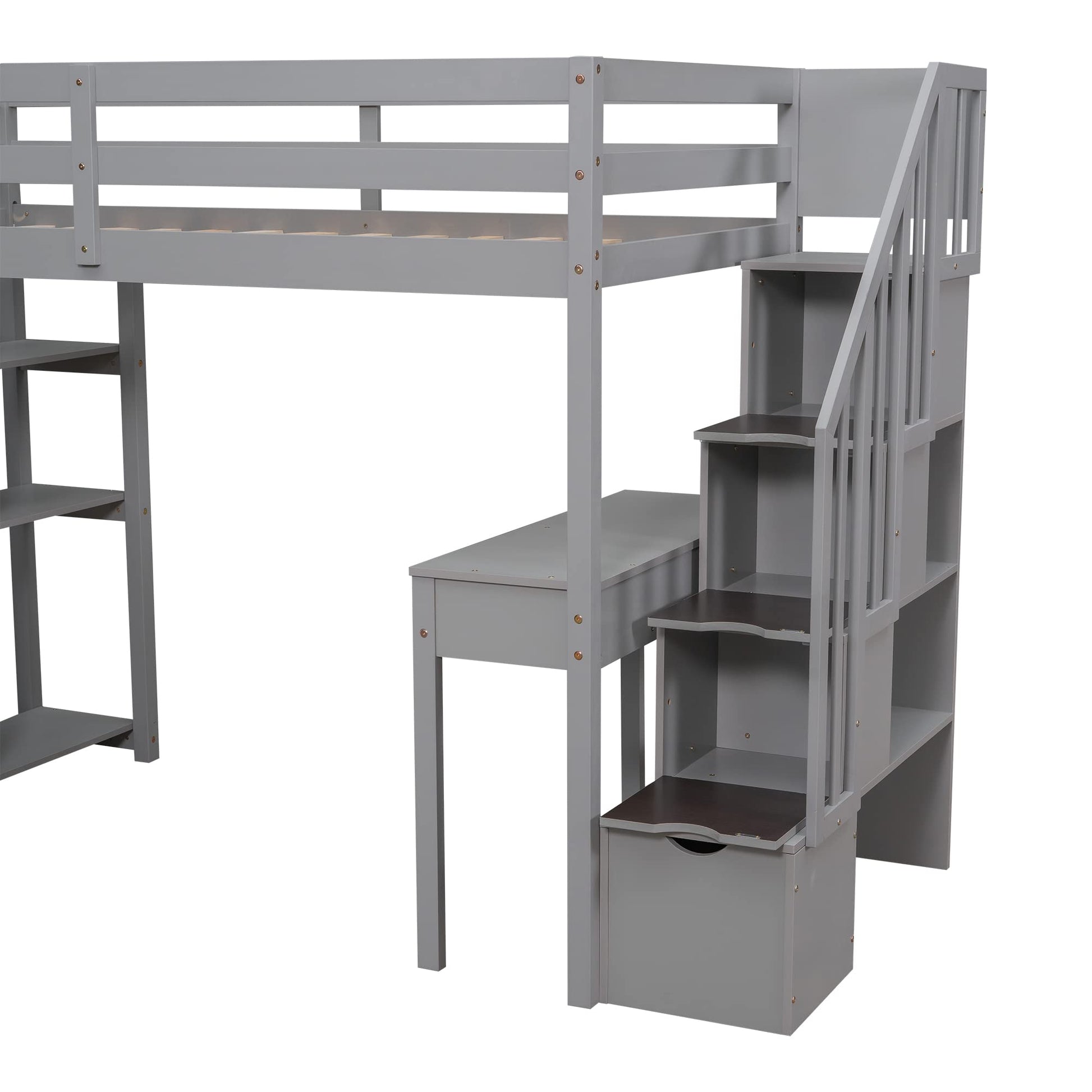 Bellemave Twin Loft Bed with Stairs, Desk, and Storage Drawers - Modern Gray Wood Frame for Kids and Teens - WoodArtSupply