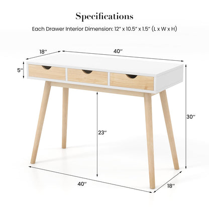 Tangkula Makeup Vanity Desk with 3 Drawers, Home Office Writing Desk, Wooden Laptop Study Desk with Solid Rubber Wood Legs, Computer Workstation, Mid - WoodArtSupply