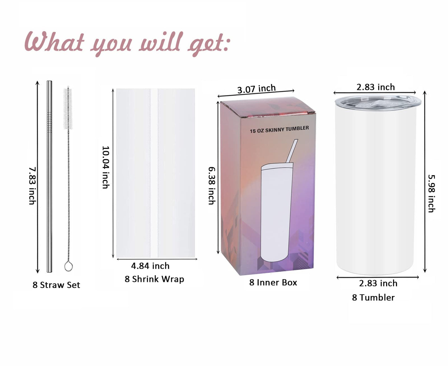 Wzaytia 15 Oz Sublimation Tumblers Blank (8 Pack), Skinny Straight Kids Sublimation Tumblers Bulk, Individually Gift Boxed, White Tumblers Sublimation