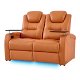 comfiroom Leather Home Theater Seating Seats, Simple Style Top Grain Leather Movie Theater Chairs Recliner Sofa with Tray Table Type-C USB Charger (Orange, Row of 2 Loveseat) comfiroom