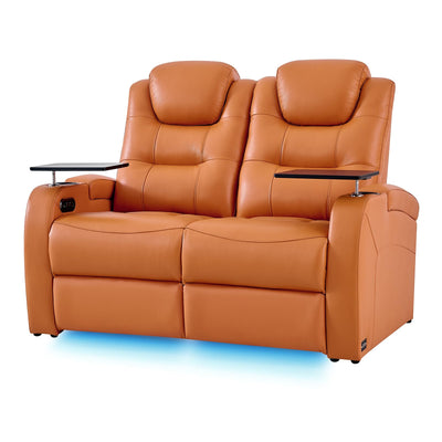 comfiroom Leather Home Theater Seating Seats, Simple Style Top Grain Leather Movie Theater Chairs Recliner Sofa with Tray Table Type-C USB Charger (Orange, Row of 2 Loveseat)