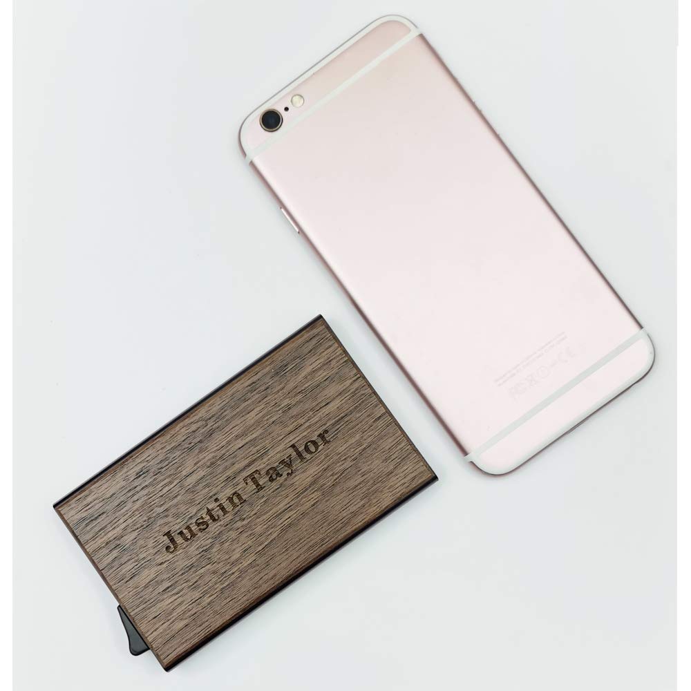 MOJIA Personalized Pop Up Wallet, Custom Engraved Wooden Metal Credit Card Holder for Men and Women, RFID Blocking Mini Bank Card Holder Case, Perfect Gifts (Walnut) MOJIA
