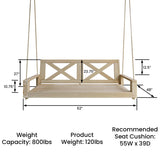 Malvern 5 Foot Wood Porch Swing Bed in Unfinished, Amish Handcrafted Daybed Style Swing Amish Casual