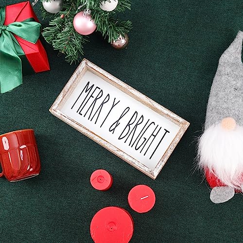 FESTWIND Farmhouse Christmas Decor, Merry and Bright Block Sign for Shelf, Mantel, Farmhouse Christmas Decorations for Home, Embossed Metal With Wood Frame FESTWIND