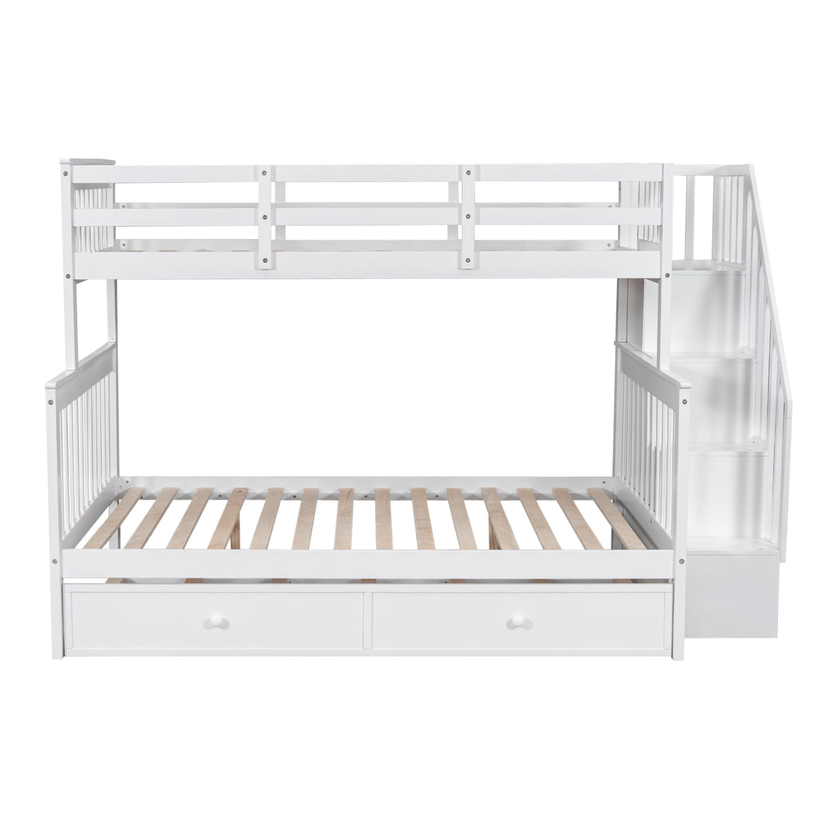 Stairway Twin Over Full Bunk Bed with Trundle and Storage Shelves in White by Harper & Bright Designs Harper & Bright Designs