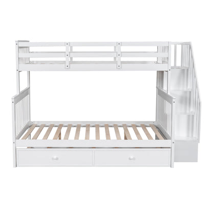 Stairway Twin Over Full Bunk Bed with Trundle and Storage Shelves in White by Harper & Bright Designs - WoodArtSupply