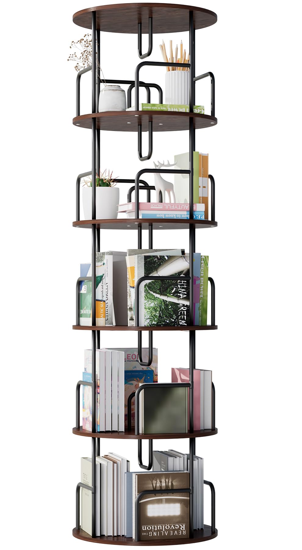 Anwick 5 Tier Rotating Bookshelf, 360° Display Spinning Bookshelf Tower, Round Swivel Bookcase for Bedroom, Living Room, Office, Space Saving (Brown) Anwick