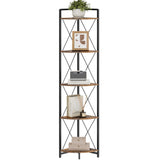 Cerlyunzan 5 Tier Corner Shelf Stand, 64" H Tall Industrial Corner Bookshelf for Living Room Decor, Metal Corner Shelf, Plant Stand Display Shelf for Bedroom, Bathroom, Small Space, Rustic Brown Cerlyunzan