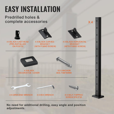 VEVOR 4-Pack Cable Railing Post, 36" x 1" x 2" Steel Horizontal Hole Deck Railing Post, 11 Pre-Drilled Holes, SUS304 Stainless Steel Cable Rail Post with Horizontal and Curved 4JZLGZHS9142C2KYMV0 VEVOR