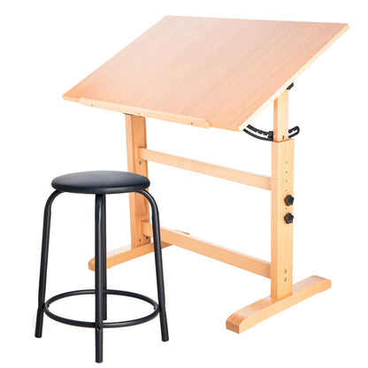 Falling in Art Wooden Drafting Table and Stool Set, 23.5" x 35.5" Adjustable Height and Angle Solid Wood Drawing Desk for Adults, Artist Craft Table for Painting Artwork, Reading, and Writing - WoodArtSupply