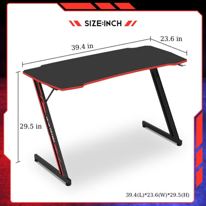 XXkseh 39 Inch Gaming Desk Z-Shaped Computer Gaming Workstation with Headset Hook Home Office Desk, Ergonomic Small Gaming Table and Small Desk with Footbed, MDF Desktop and Metal Frame, Red