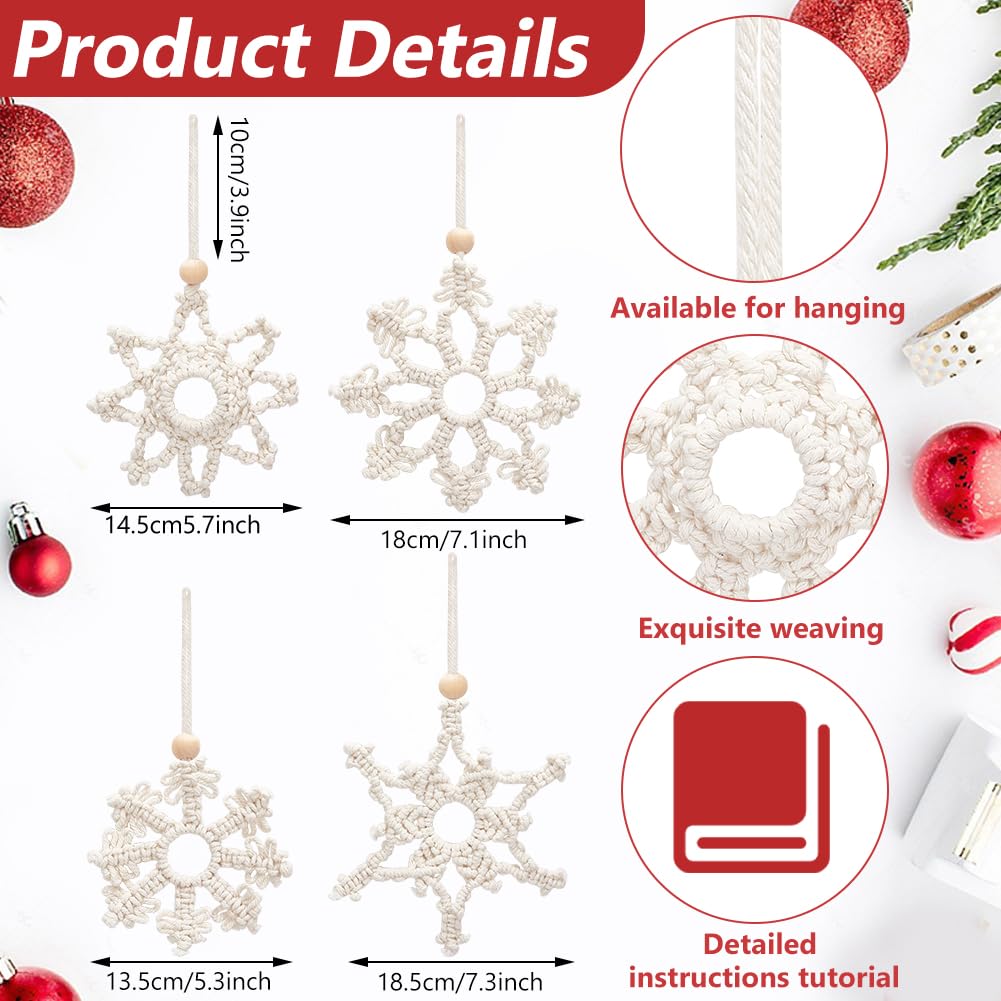 ACRNIGHEET Snowflake Christmas Macrame Kit 4PCS Boho Wall Hanging Decoration for Winter DIY Snow Macrame Kit for Adults Beginners with Step by Step Instructions ACRNIGHEET