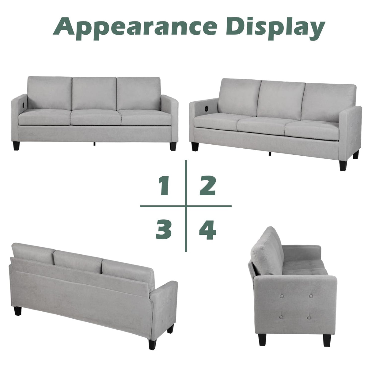 STHOUYN 72" W 3 Person Seater Couch Sofa with USB Ports, Grey Comfy Couches for Small Spaces, Mid Century Modern Gray Couch for Living Room Apartment Bedroom (Light Grey) STHOUYN