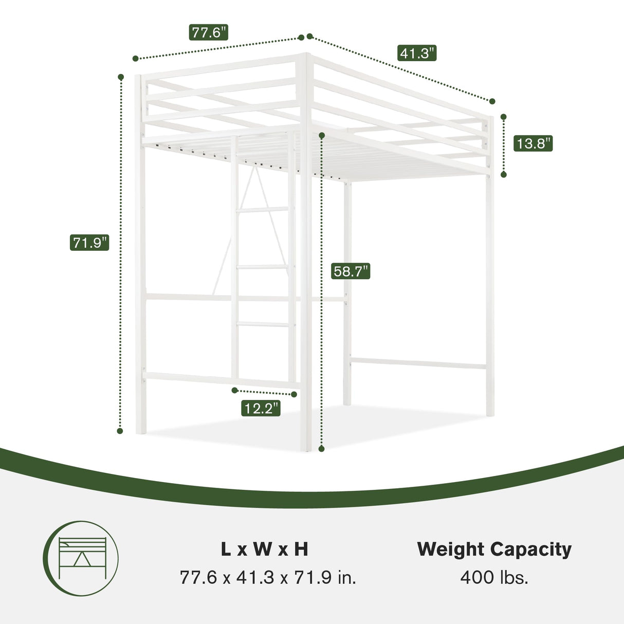 MUTICOR Twin Loft Bed Frame for Juniors and Adults with Safety Guardrail and Ladder,Metal Slats Support, Small Space Saving Furniture for Bedroom Kids Room and Dorm,White MUTICOR