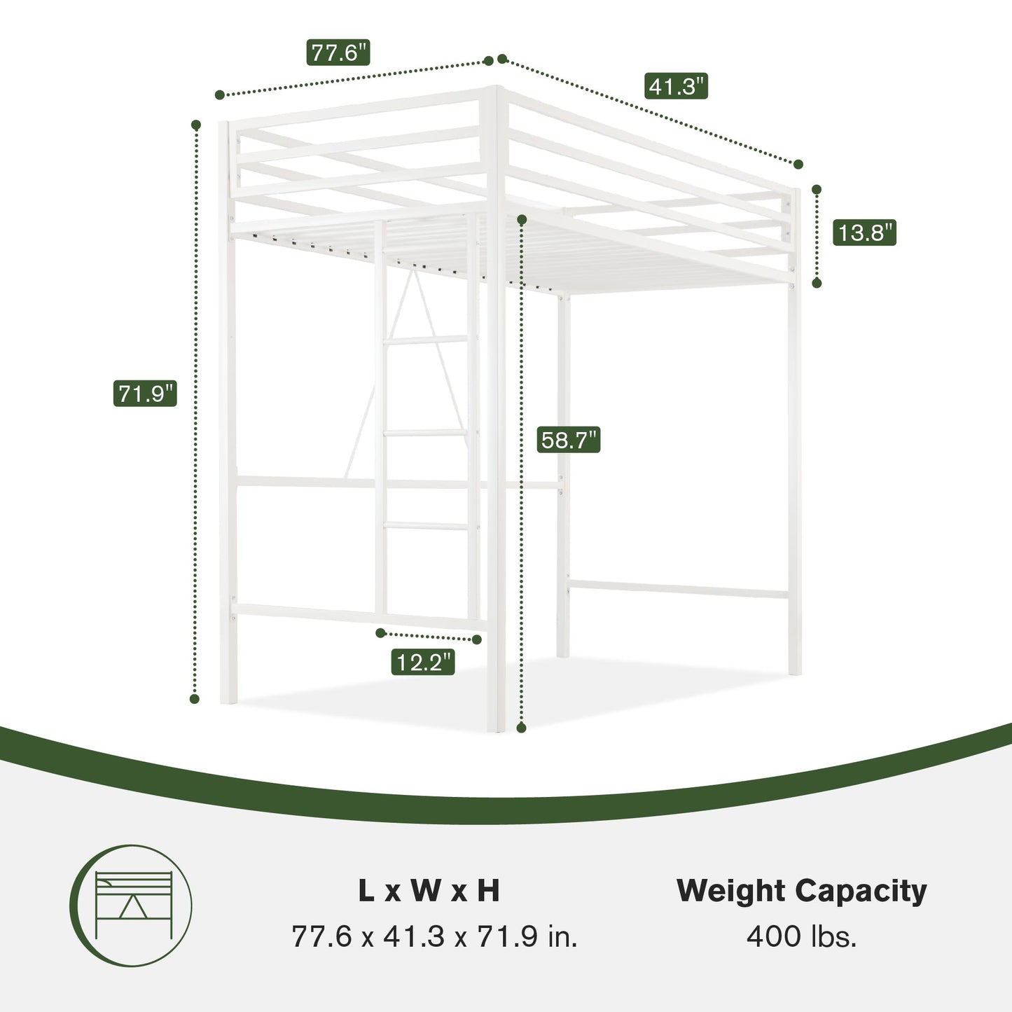 MUTICOR Twin Loft Bed Frame for Juniors and Adults with Safety Guardrail and Ladder,Metal Slats Support, Small Space Saving Furniture for Bedroom Kids Room and Dorm,White