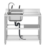 Free Standing Stainless-Steel Single Bowl Commercial Restaurant Kitchen Sink Set w/Faucet & Drainboard, Prep & Utility Washing Hand Basin w/Workbench & Double Storage Shelves Indoor Outdoor (39.5in) KINGBO