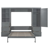 Merax Murphy Bed Queen Size, Built-in Shelves, Storage Drawers and Wardrobe, Wood Folding Wall Bedframe for Guest Room, Home Office, Grey Merax