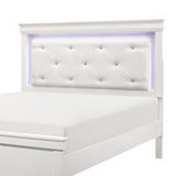 Benjara Teich Queen Bed, LED, Crystal Tufted Faux Leather Upholstery, White Wood Benzara
