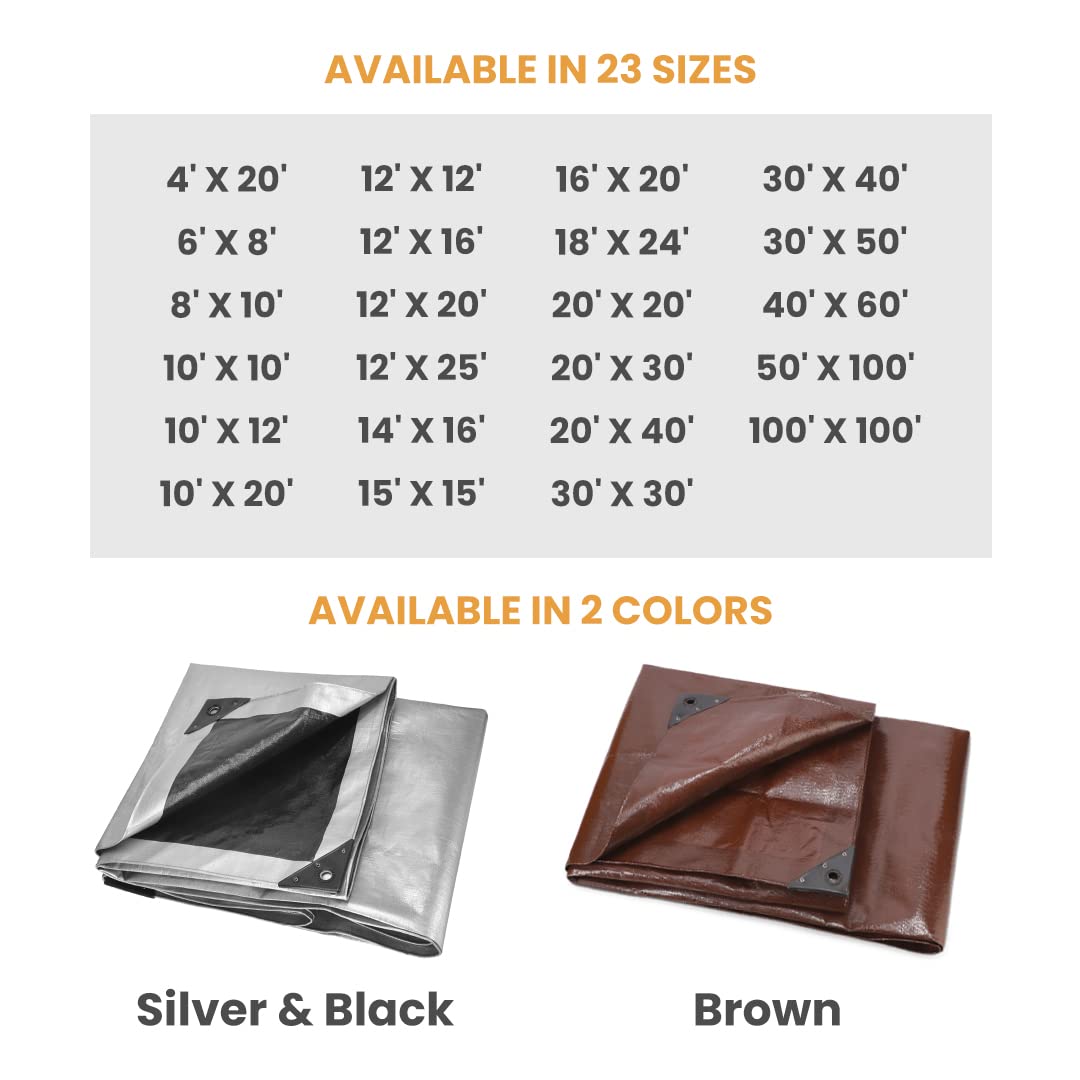 WHITEDUCK Super Heavy Duty Poly Tarp Cover 16 Mil & 10 Mil with Grommets and Reinforced Edges (Brown, White & Silver Black) (Brown- 16 Mil, 20' x 40') WHITEDUCK