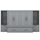 Queen Size Murphy Wall Bed With Storage and Bookcase Headboard, Solid Wood Cabinets, Shelves, Drawers and USB Ports - Multi-Function Platform for Home Office, Guest Room - Gray Harper & Bright Designs