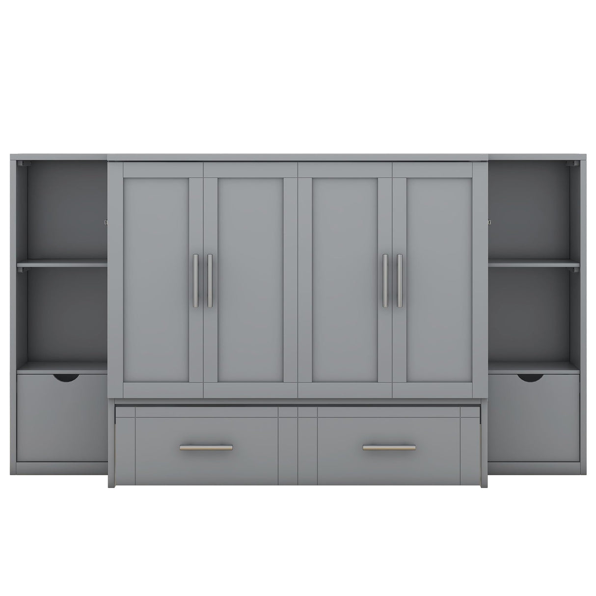 Queen Murphy Bed with Storage Bookcase Shelves,Drawers and Charging Station,Wood White Folding Murphy Chest Bed Cabinet for Adults，Grey MERITLINE