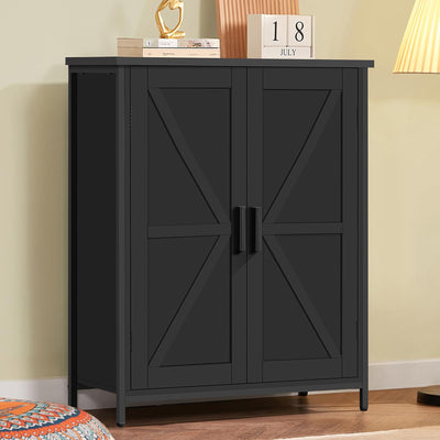 FIONESO Storage Cabinet, Small Cabinet with Barn Doors, Farmhouse Cabinet with Shelf, Black Cabinet for Living Room, Dining Room, Entryway, Black