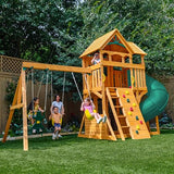KidKraft Buffalo Crossing Wooden Swing Set with Playhouse, Rock Wall, Tube Slide and Glider KidKraft