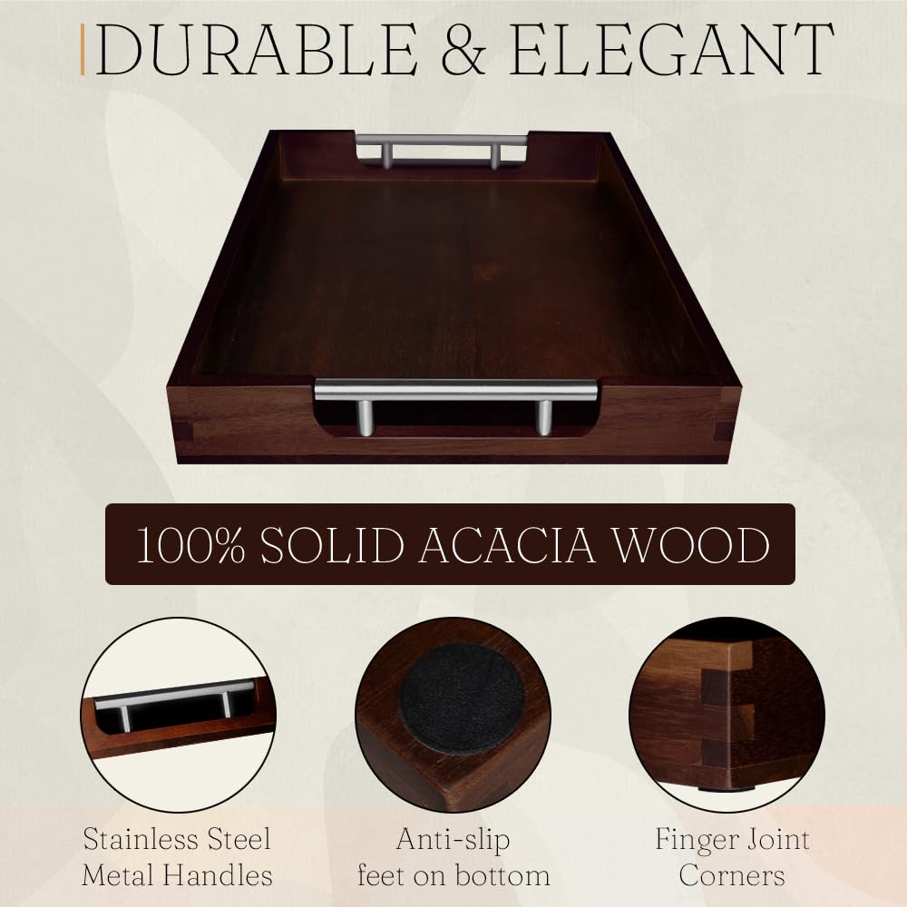 Swyftee Serving Tray with Handles – 17 x 12 x 2 Inch Dark Brown Acacia Wood Ottoman Tray Table Trays Decorative – Coffee Tray Wood Decor for Kitchen – Breakfast in Bed Tray with Silver Metal Handles Swyftee