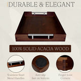Swyftee Serving Tray with Handles – 17 x 12 x 2 Inch Dark Brown Acacia Wood Ottoman Tray Table Trays Decorative – Coffee Tray Wood Decor for Kitchen – Breakfast in Bed Tray with Silver Metal Handles Swyftee