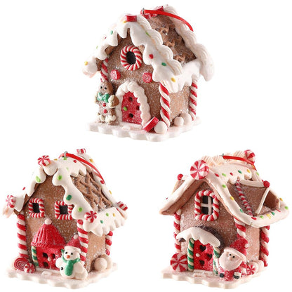 UAEYW 3Pcs Gingerbread House Ornaments for Christmas Tree Decorations Battery Operated Lighted LED Clay Hanging Candy House Ornament with Rope for Xmas Holiday Party New Year Home Decor