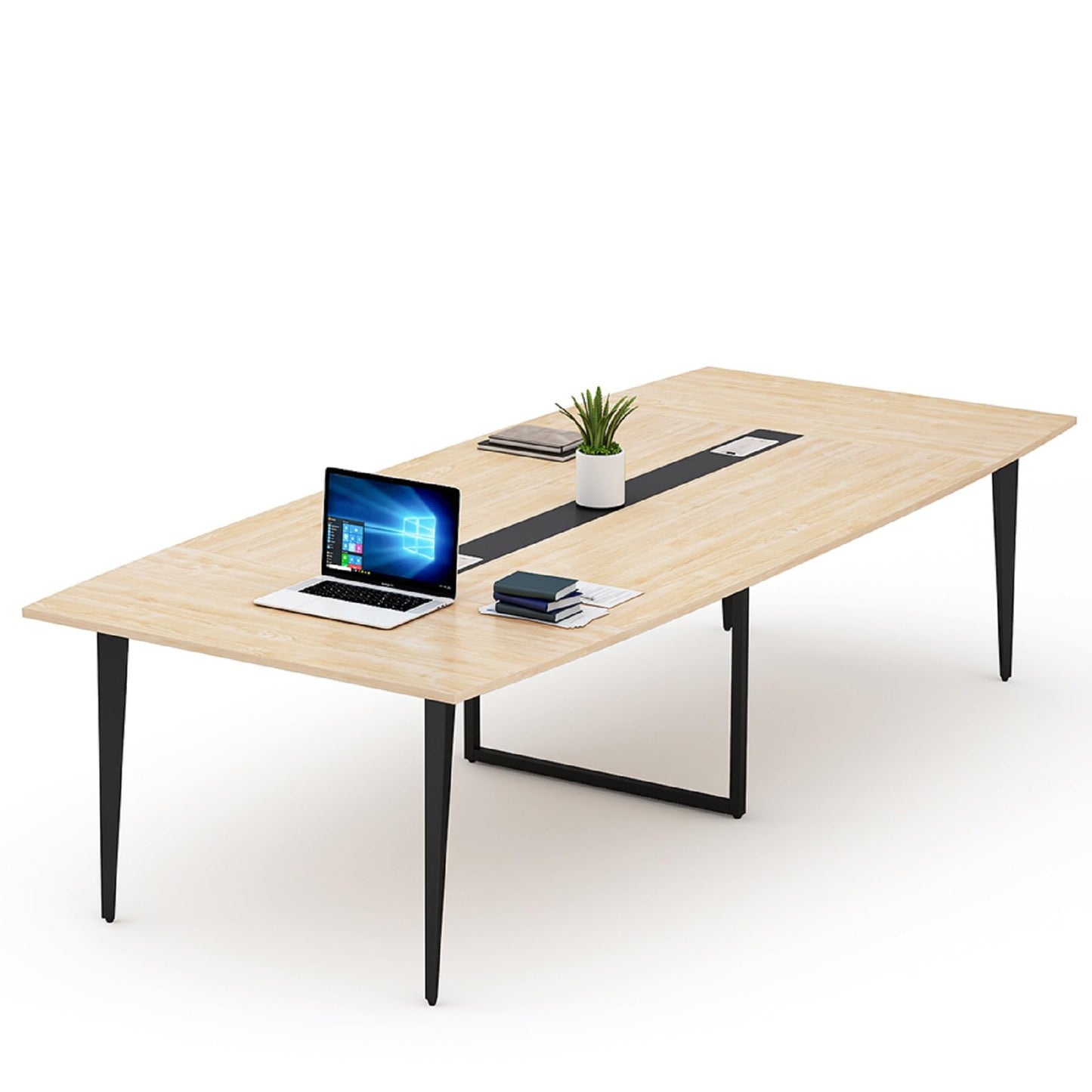 Tribesigns 8FT Conference Table, 94.48L x 47.24W x 29.52H Inches Large Boat Shaped Meeting Seminar Table with Cable Grommets, Modern Conference Room Table for Office (Light Wood Grain, 8ft) - WoodArtSupply