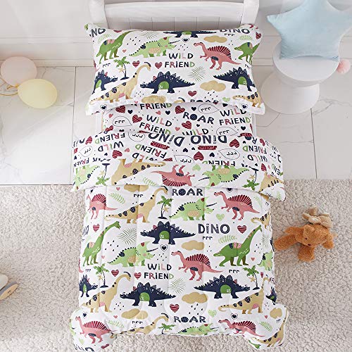 Joyreap 4 Piece Toddler Bedding Set, Dinosaur Theme Printed on White, Standard Size Includes Quilted Comforter, Fitted Sheet, Top Sheet, and Pillow Case for Boys n Girls Joyreap