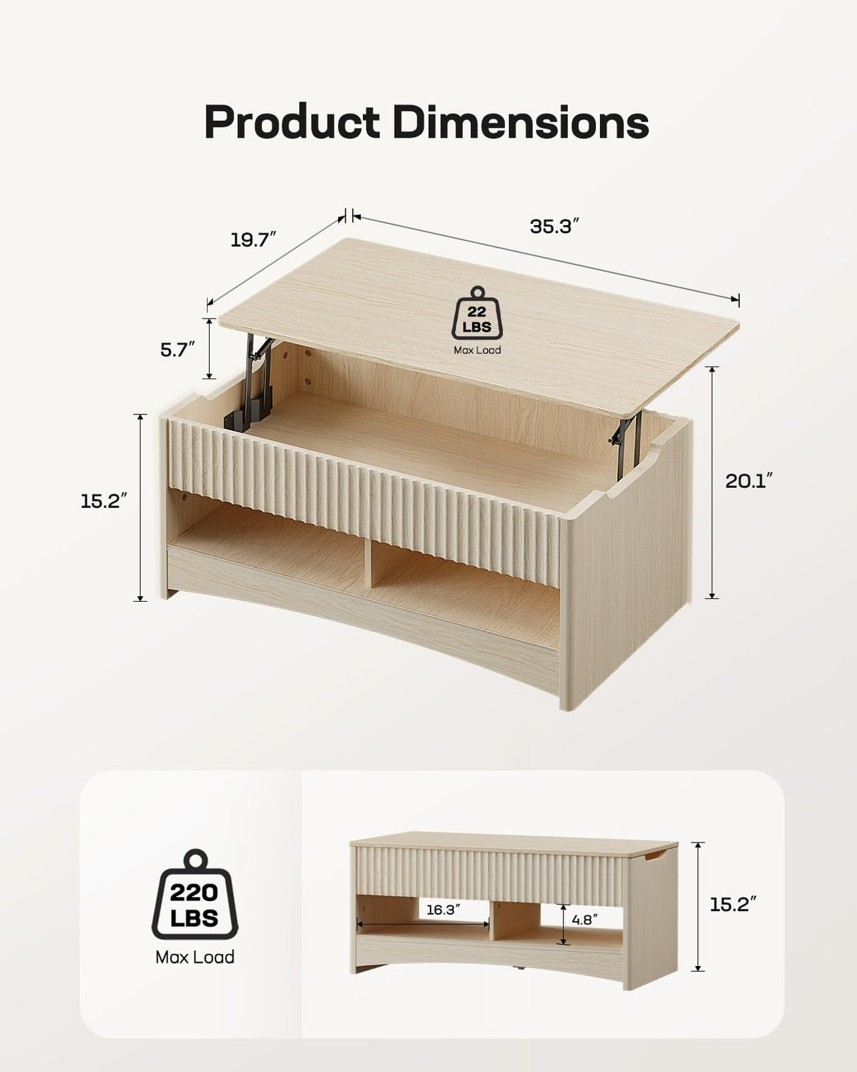 Marsail Lift Top Coffee Table with Open & Hidden Storage, Modern Fluted Coffee Table with Smooth Lift Mechanism, Sturdy Space-Saving Center Table for Home Living Room, Office, Natural Oak Marsail