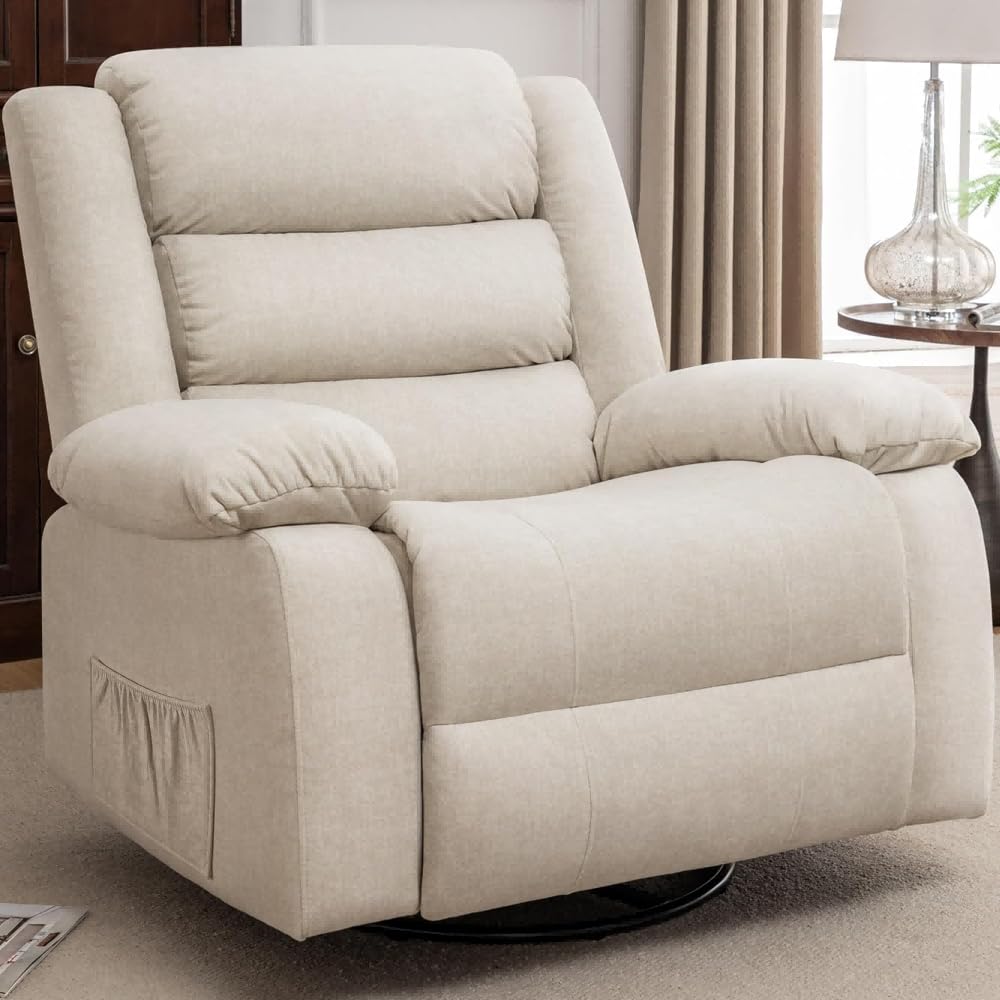 Korser Recliner Chair, Wide Rocker Chair, Rocking Chair with Massage and Heat,360°Swivel Nursery Rocking Chairs, Oversized Recliner for Adults, Cashmere Reclining Sofa for Living Room, Beige Korser