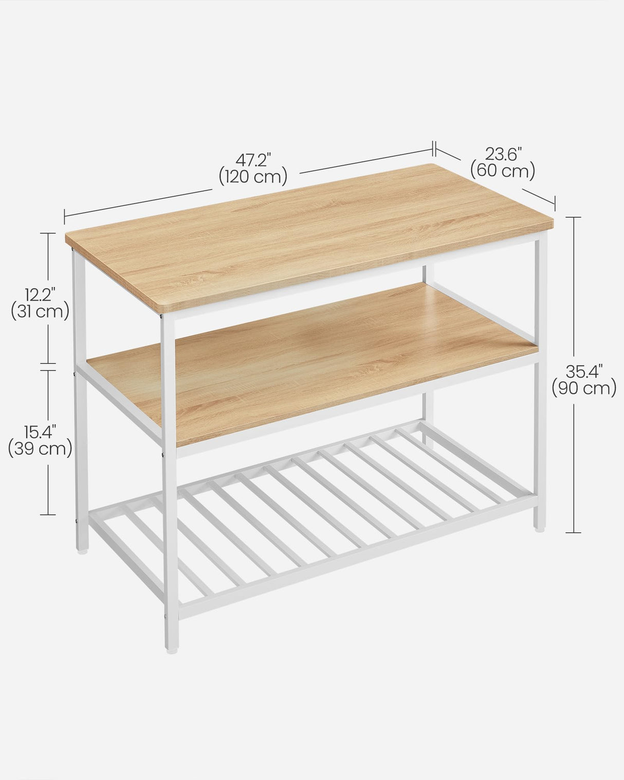 VASAGLE Kitchen Island with 3 Shelves, 47.2 Inches Width Kitchen Shelf with Large Worktop, Stable Steel Structure, Industrial, Easy to Assemble, Oak Color and White UKKI001W09 VASAGLE