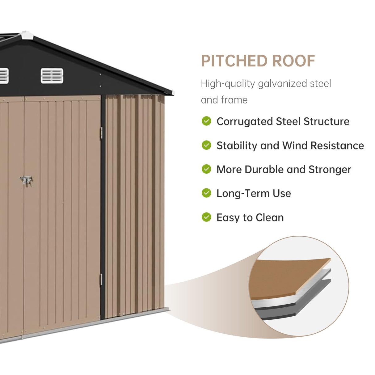 Garvee 10×8FT Outdoor Storage Shed, Metal Waterproof Garden Storage Shed Galvanized Steel Utility Tool Shed with Lockable Doors & Vents, All-Weather Shelter for Bike/Kids Car/Mowers/Tool, etc. Brown Garvee