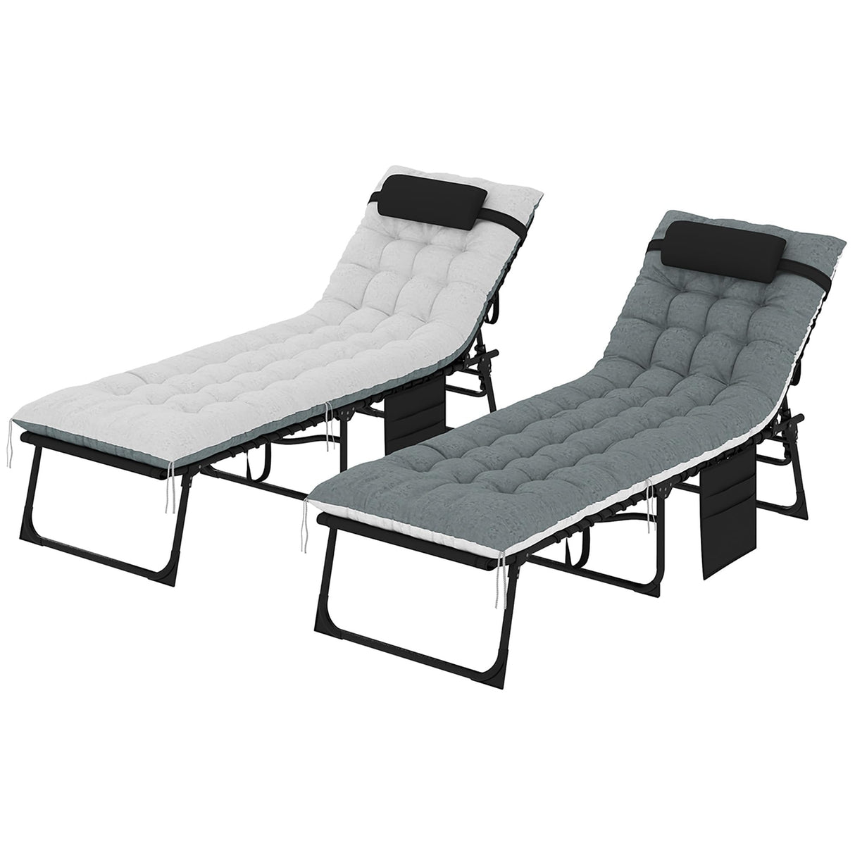 Outsunny Chaise Lounge Chair Outdoor Set of 2, 5-Position Adjustable Outdoor Pool Lounge Chairs, Folding Tanning Chair Beach Lounger with Cushion, Headrest, Side Pocket for Patio, Yard, Black/Gray Outsunny