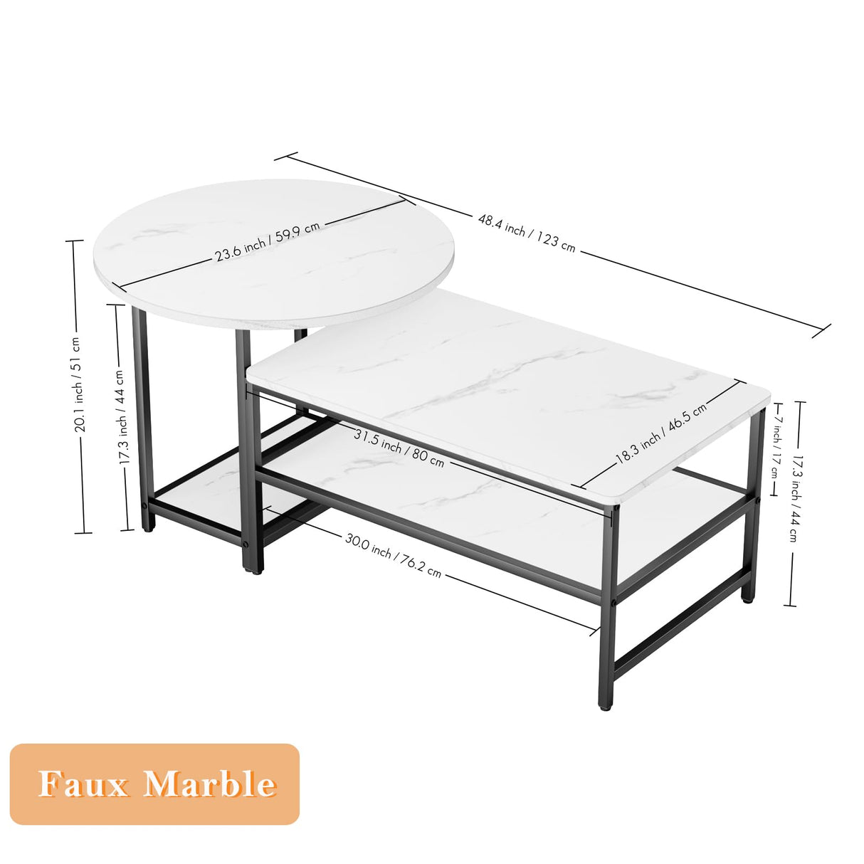 WOHOMO Coffee Table, White Modern Coffee Tables for Living Room, Detachable 2 Small Coffee Tables, Faux White Marble WOHOMO