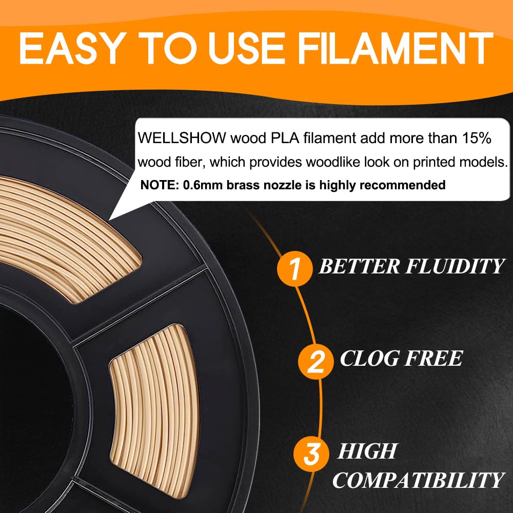 Wellshow/SunTop Wood PLA 3D Printer Filament 1.75mm, PLA Woodlike Filament, 15% Wood Powder Added, 1kg(2.2lbs), 0.6mm Nozzle rec. - WoodArtSupply