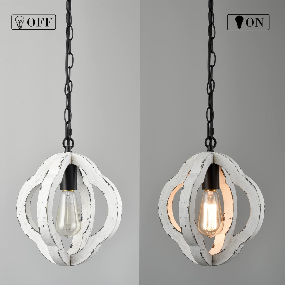 SAMTEEN Farmhouse Wooden Pendant Light Distressed White Wood Chandelier 1-Light Modern Wooden Pendant Light Fixtures for Kitchen Island Dining Room Bedroom SAMTEEN