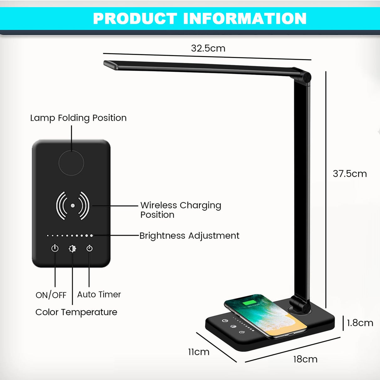 JOSTIC LED Desk Lamp with Wireless Charger, USB Charging Port, 10 Brightness, 5 Color Modes, Desk Lamps for Home Office, Dimmable Table Lamp Eye Caring Reading Light, Touch Control, Auto Timer, Black JOSTIC