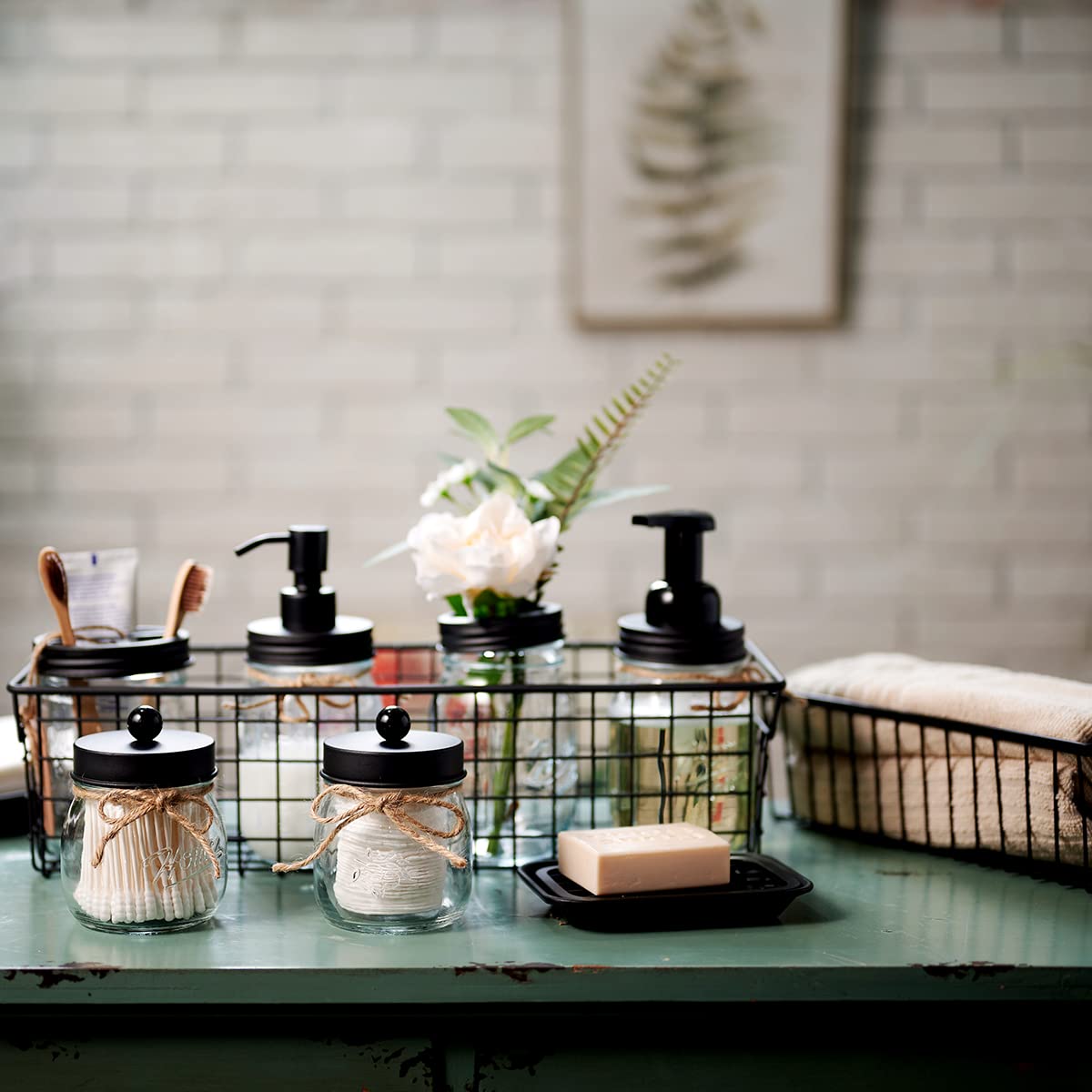 SheeChung 6Pcs Mason Jars Bathroom Accessories Set Complete - Toothbrush Holder, Lotion Soap Dispenser, 2 Mason Jars, Soap Dish, Toilet Paper Basket, Rustic Farmhouse Decor (Black, 6Pcs Bathroom Set) SheeChung