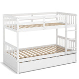 KOMFOTT Wood Twin Over Twin Bunk Bed with Trundle, Solid Pine Wood Bunk Bed Frame with Ladder & Safety Guardrails, Space-Saving Convertible Bunk Bed for Home & Dormitory, No Box Spring Needed KOMFOTT